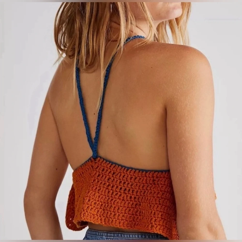 NEW FREE PEOPLE - Multicolored Crochet Crop Top with Diamond Cut in Size Small